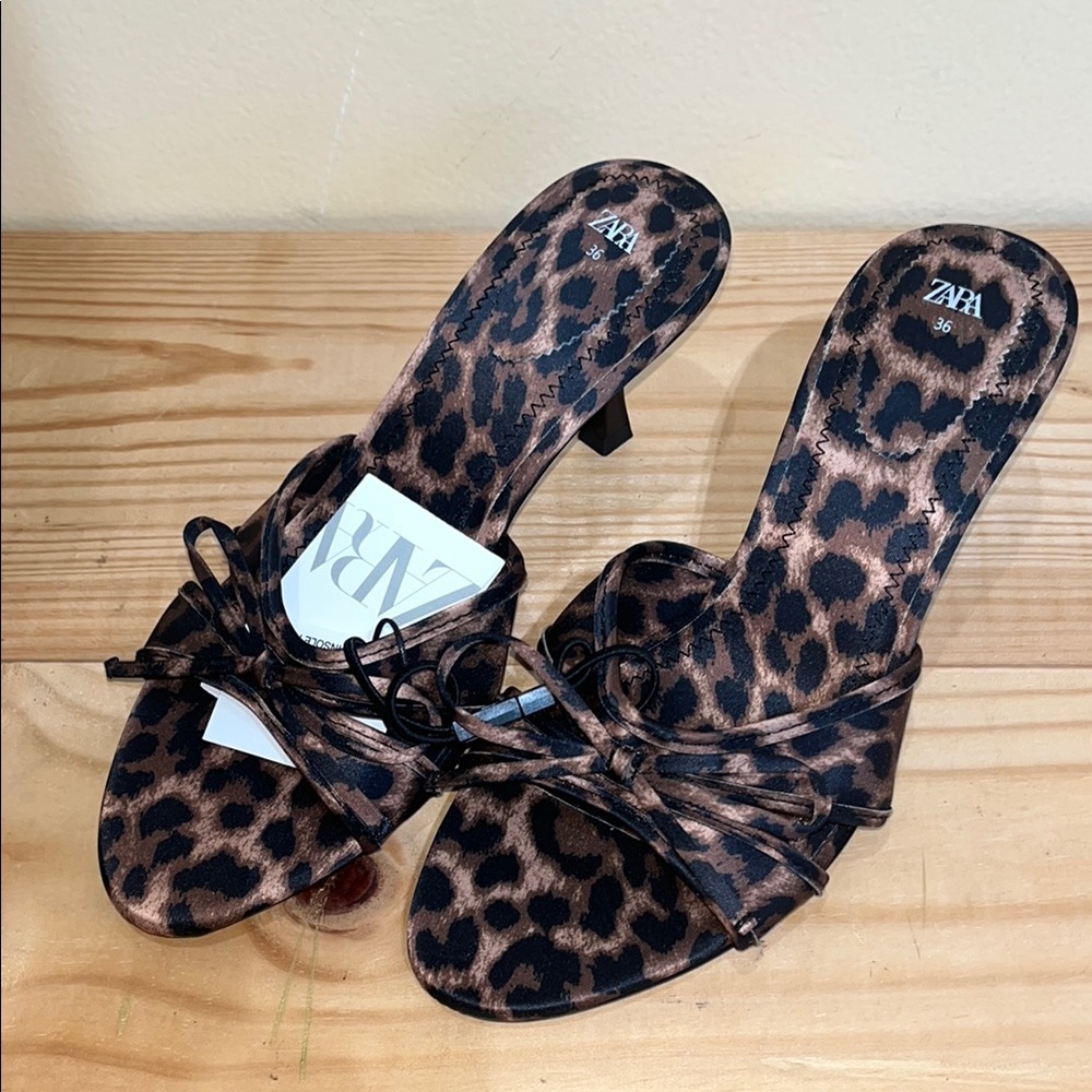 🆕 Zara Animal Print Leopard Sandals Mules Kitten Heels